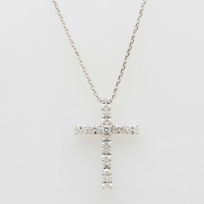 27146564a - Kreuzanhänger mit Diamanten und Brillant an Kette, WG 750/000, 10 ovale Diam. zus. ca. ...