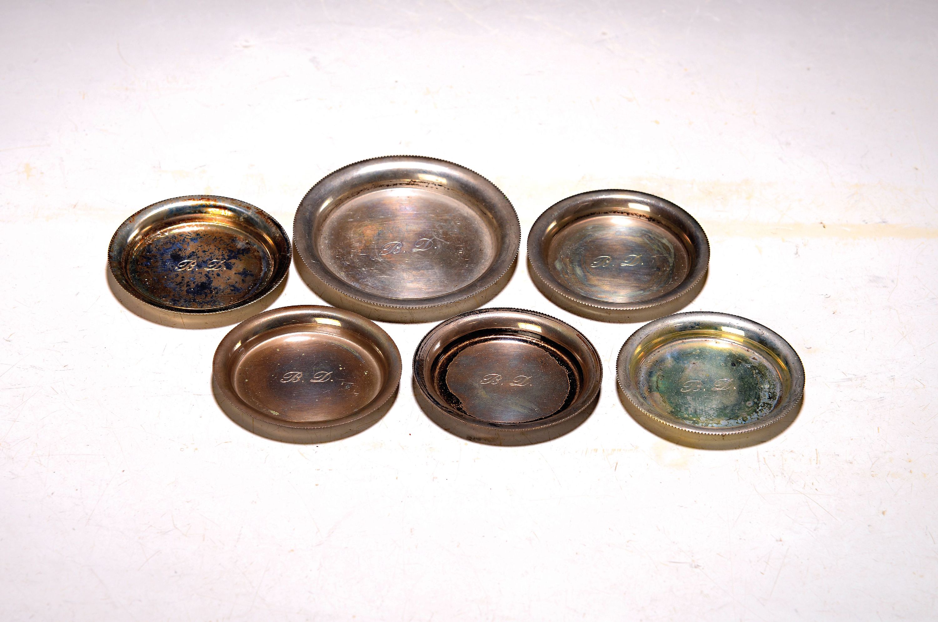 Image 27146701 - 6 small plates with monogram B.D., Sandona, Vicenza, Italy, after 1968, 800 silver, 5 ...