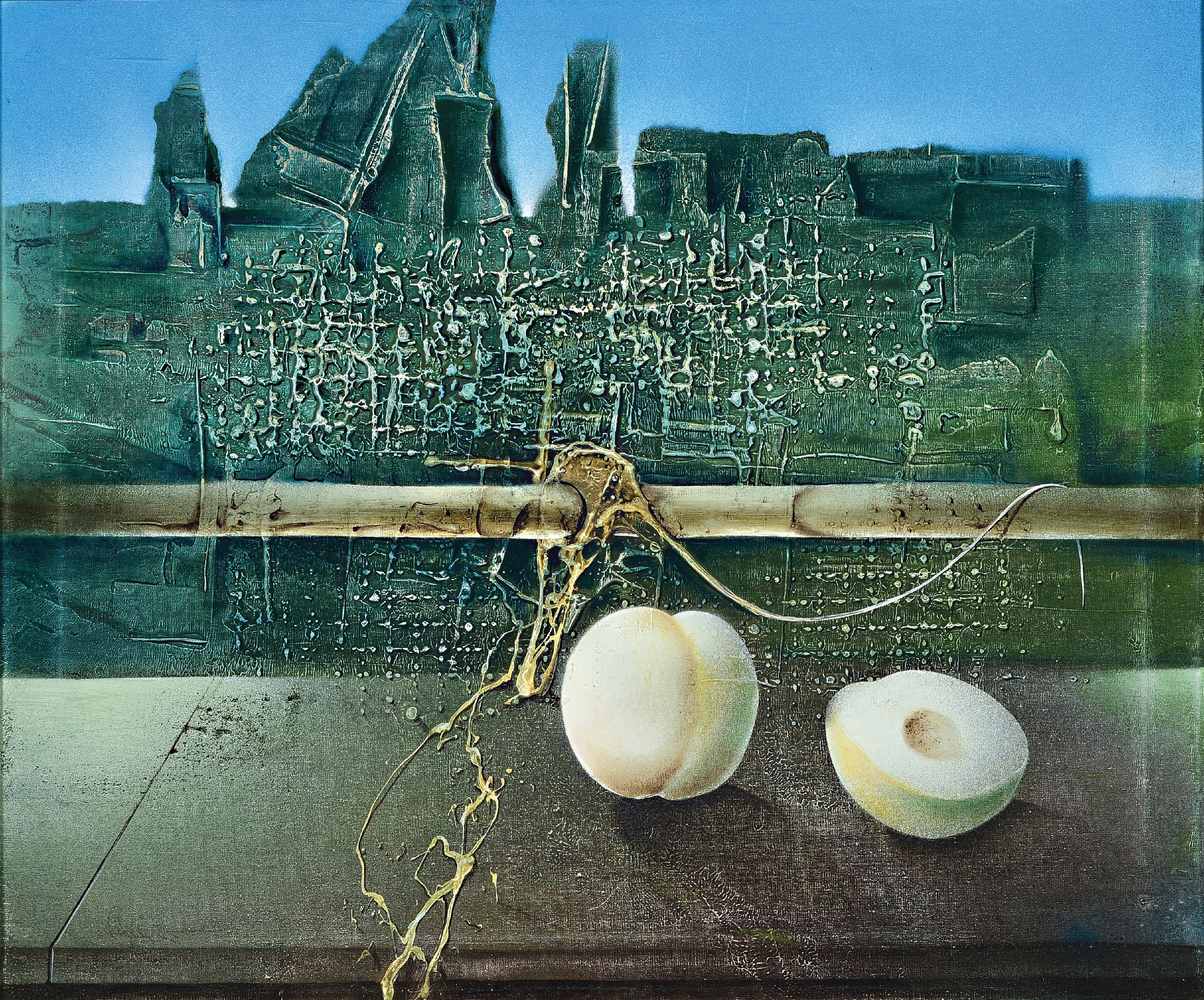 Image 27146786 - Klaus Heinrich Keller, 1938-2018, surrealistische Komposition mit weißem Pfirsich, ...