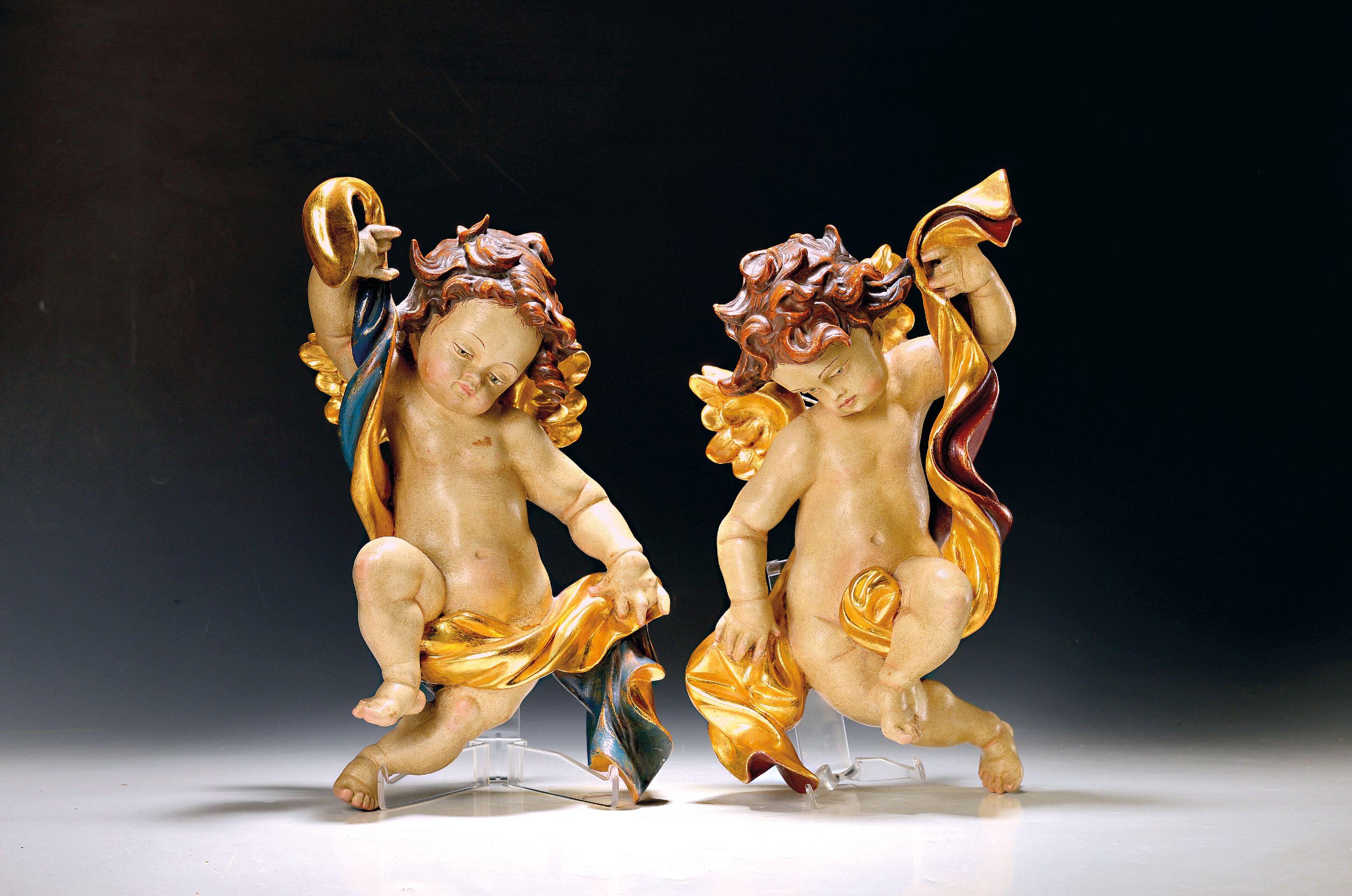 Image 27147091 - Pair of carvings of putti, Alpine, after 1945,fully sculptured carved wood, painted and ...