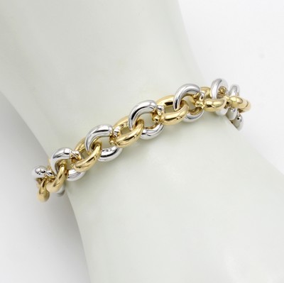 27147041a - Gliederarmband, GG/WG 585/000, runde Elemente, Karabinerschl., L. ca. 21.5 cm