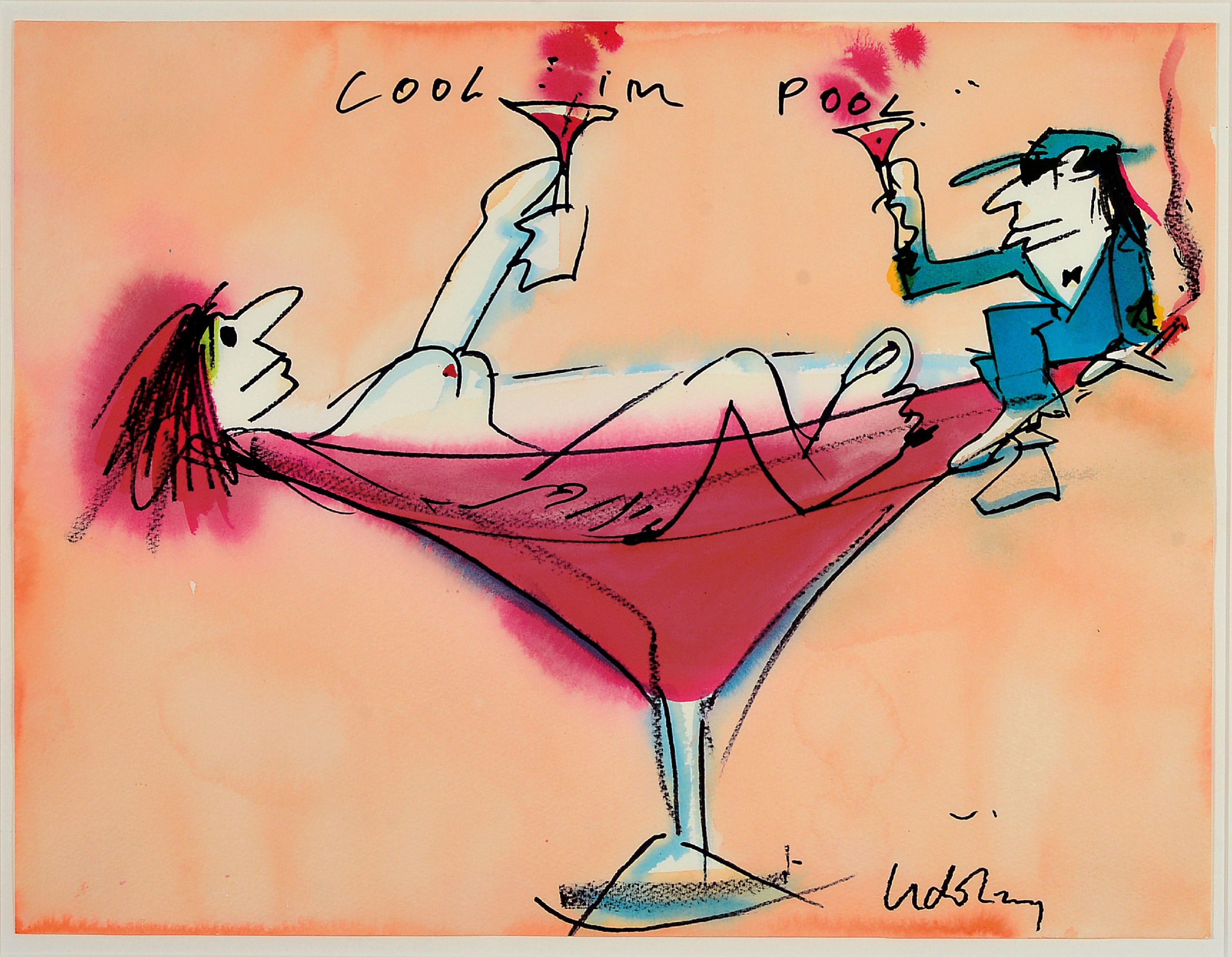 Image 27147110 - Udo Lindenberg, geb. 1946 Gronau, Aquarell/Likörell auf Papier, ´Cool im Pool´, ...