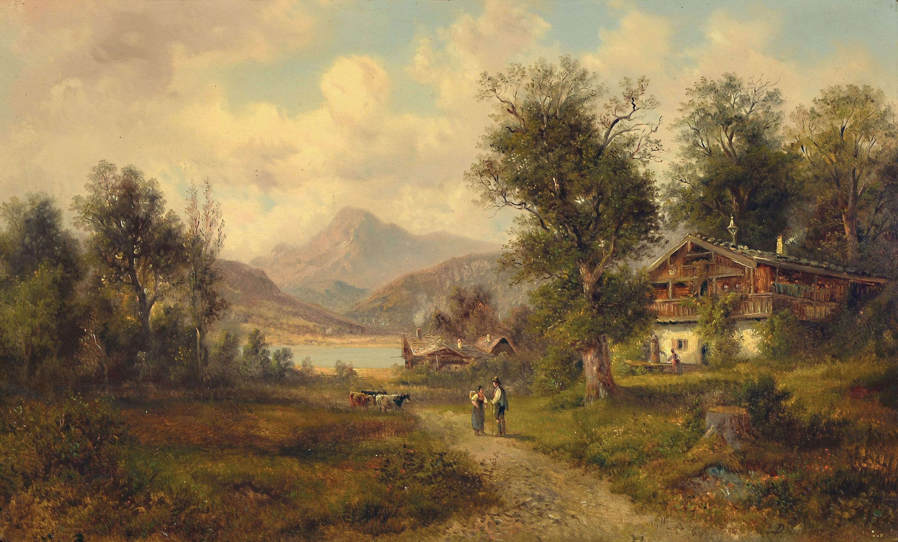 Image 27147148 - Emile Durieux, frz. Künstler des 19.Jh., alpenländische Landschaft mit Bauernhöfen ...
