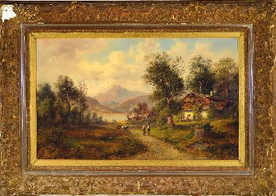 27147148k - Emile Durieux, frz. Künstler des 19.Jh., alpenländische Landschaft mit Bauernhöfen ...