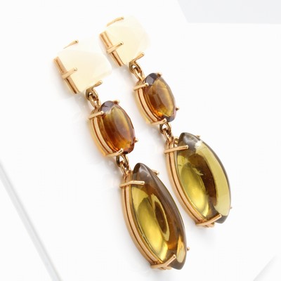 27147224a - Paar Ohrstecker mit Farbsteinen, RG 585/000,2 weiße Mondsteincabochons, 2 Madeira ...