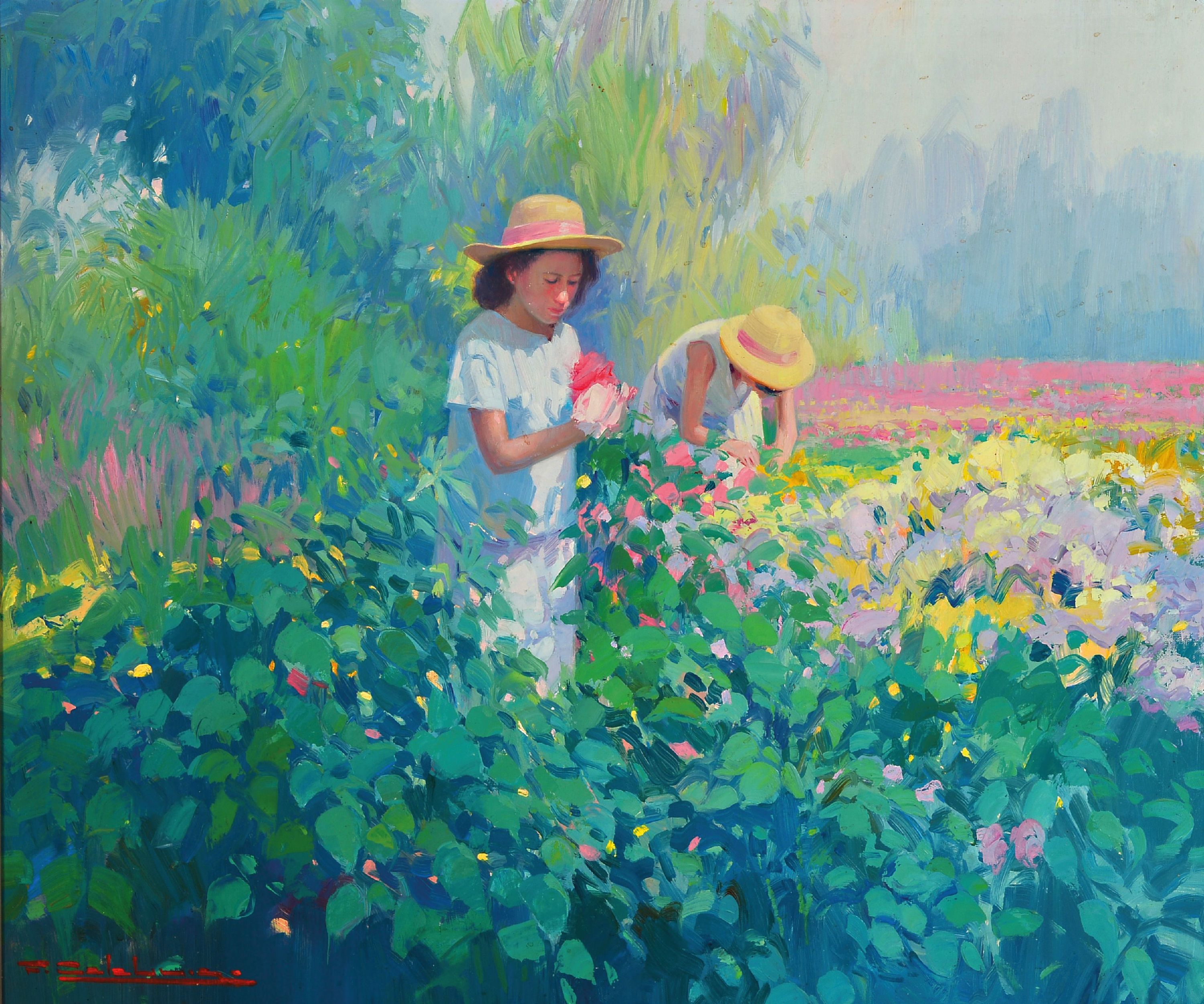 Image 27148174 - F. Calabria, zeitgenössischer italienischer Künstler, zwei Mädchen beim Blumen ...