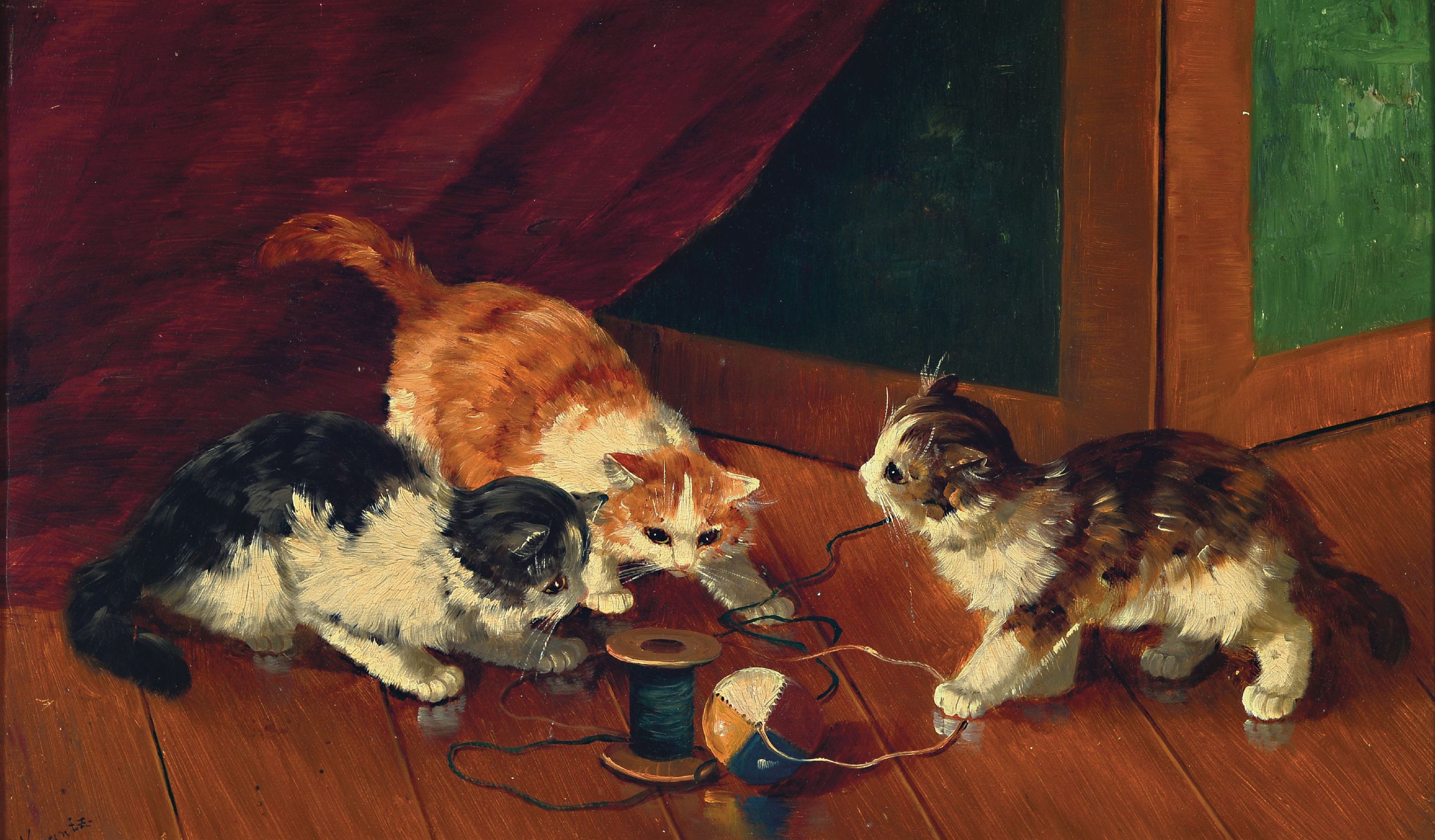 Image 27148176 - F. Krantz, österreichischer Maler des 19./20. Jh., drei Katzen spielen mit Garn und ...