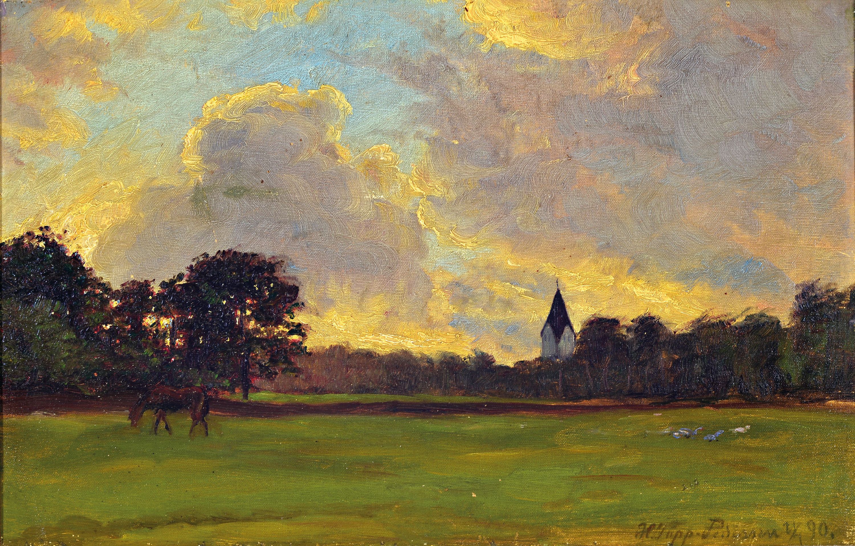 Image 27148182 - Holger Topp-Pedersen, 1868 Odense-1938, Abendlandschaft mit Baumgruppe und Kirchturm, ...