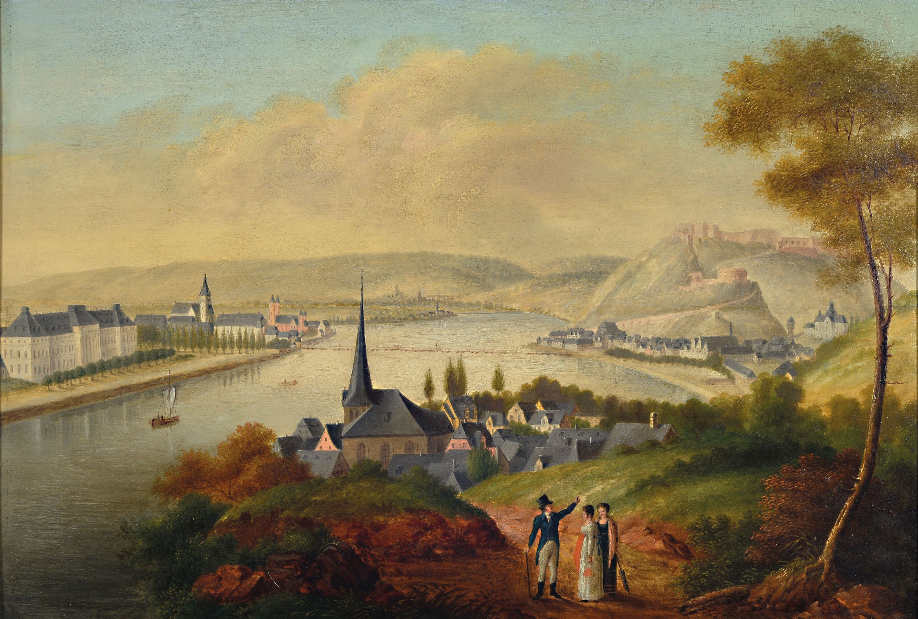 Image 27148195 - Monogrammist J.B., deutsch, um 1830, Blick auf Koblenz, Öl/Holz, restaurierter ...