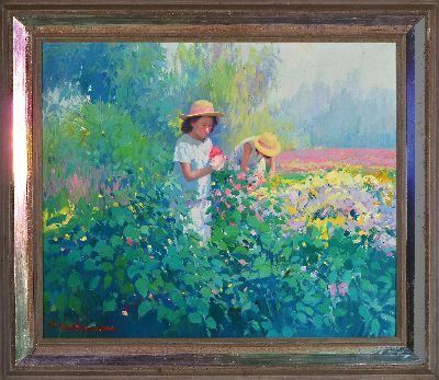 27148174k - F. Calabria, zeitgenössischer italienischer Künstler, zwei Mädchen beim Blumen ...