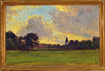 27148182k - Holger Topp-Pedersen, 1868 Odense-1938, Abendlandschaft mit Baumgruppe und Kirchturm, ...