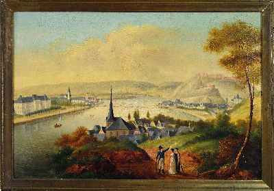 27148195k - Monogrammist J.B., deutsch, um 1830, Blick auf Koblenz, Öl/Holz, restaurierter ...