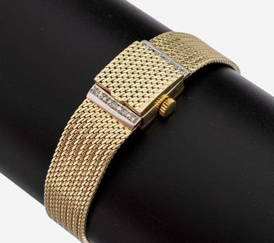 27148198a - 14 kt Gold Diamant-Damenschmuckuhr, GG/WG 585/000, rechteckiges Gehäuse, Zifferblatt ...