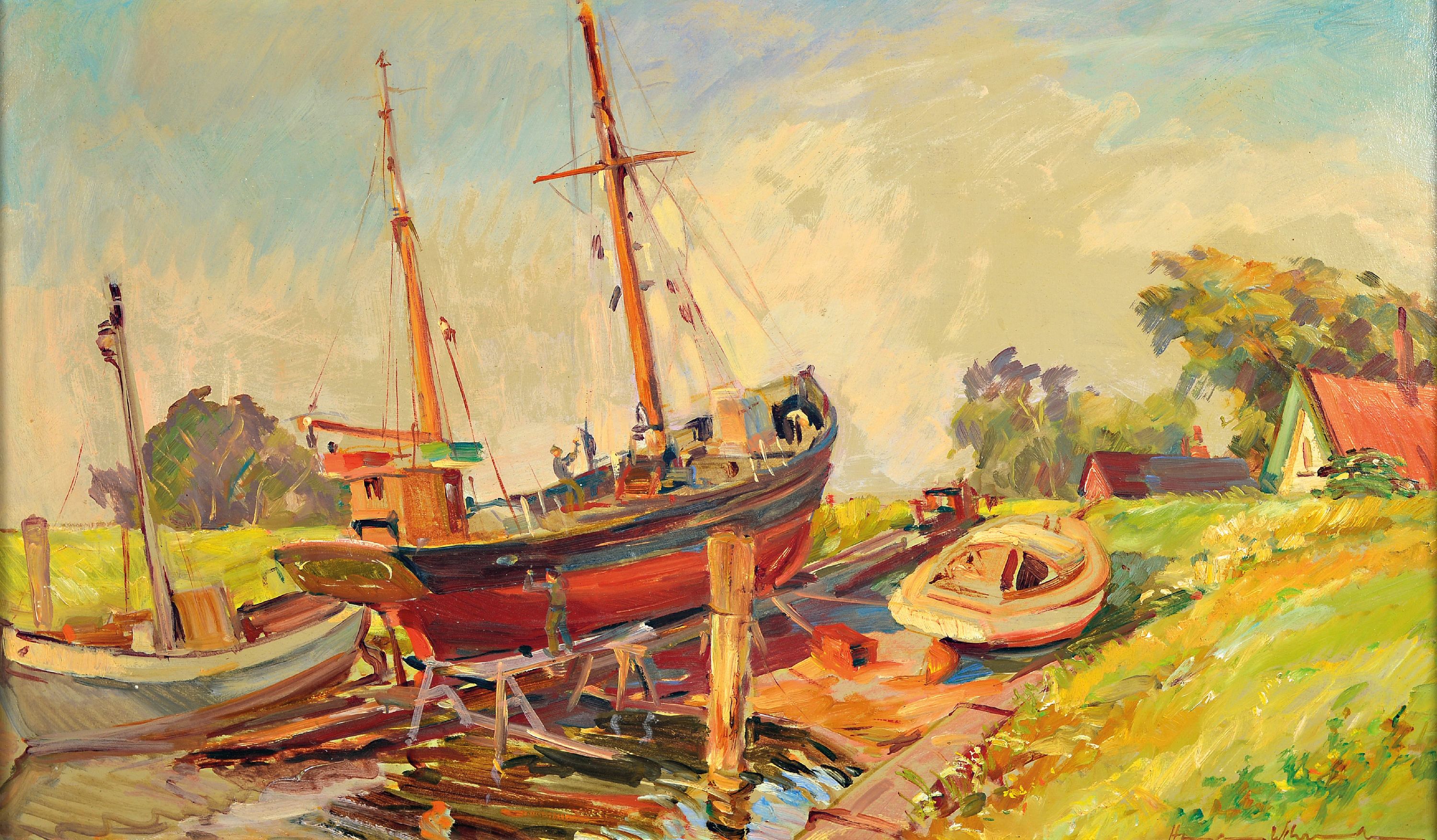 Image 27148228 - Hermann Wehrmann, 1897 Hamburg-1977 Glückstadt, Werft an der Unterelbe, rückseitig so ...