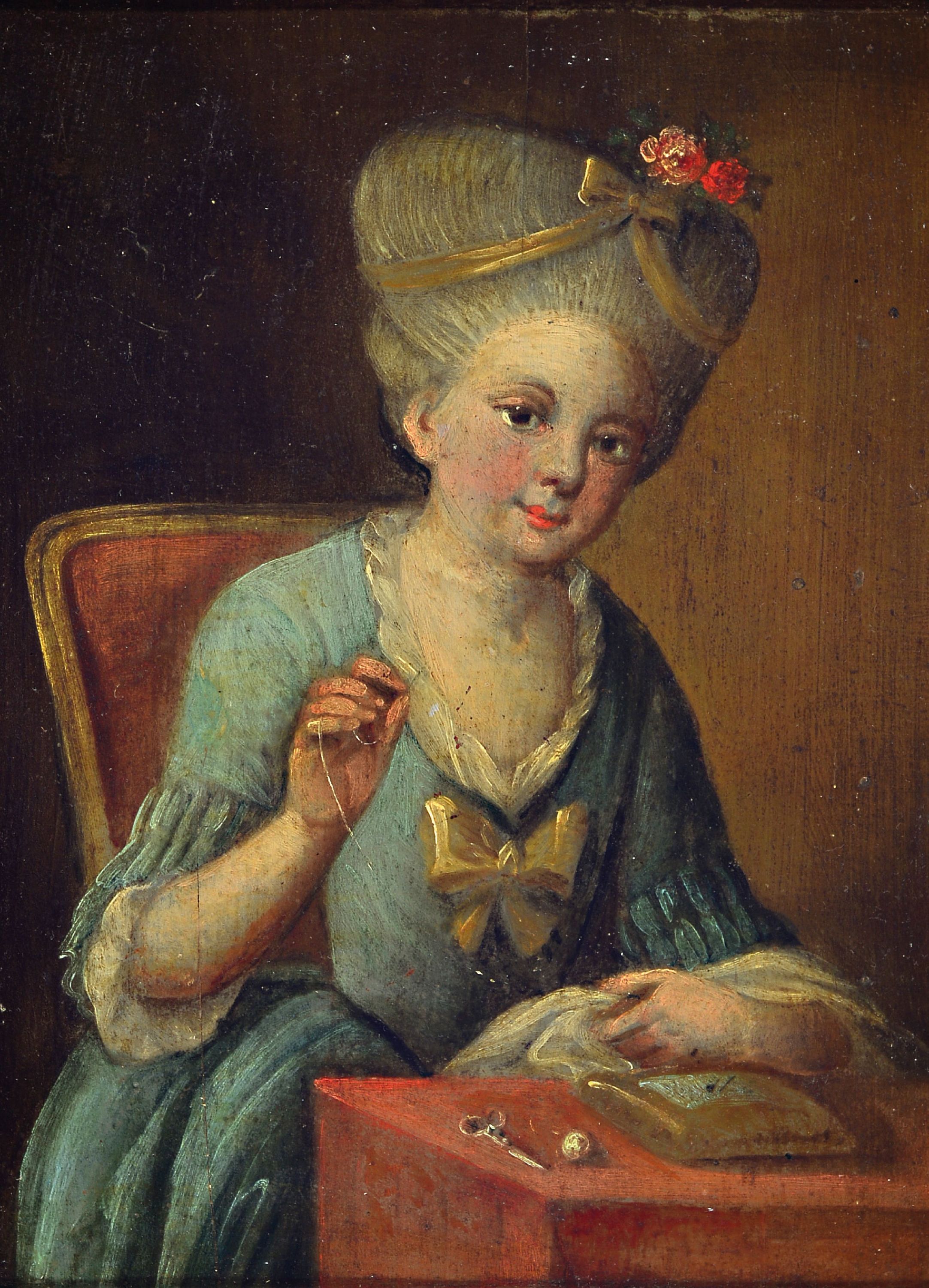 Image 27148264 - Unbekannter Künstler, spätes 18. Jh., Frau bei der Handarbeit, Öl/Holz, unsig., ca. ...