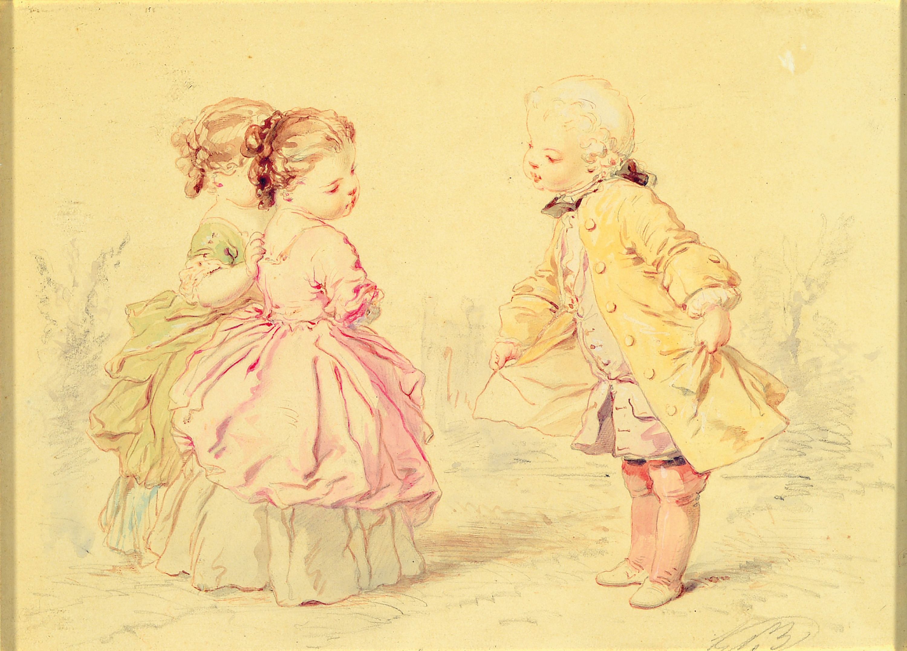 Image 27148295 - Gustave de Beaumont, 1851-1922, zwei kleine Mädchen begegnen einem kleinen Jungen, ...