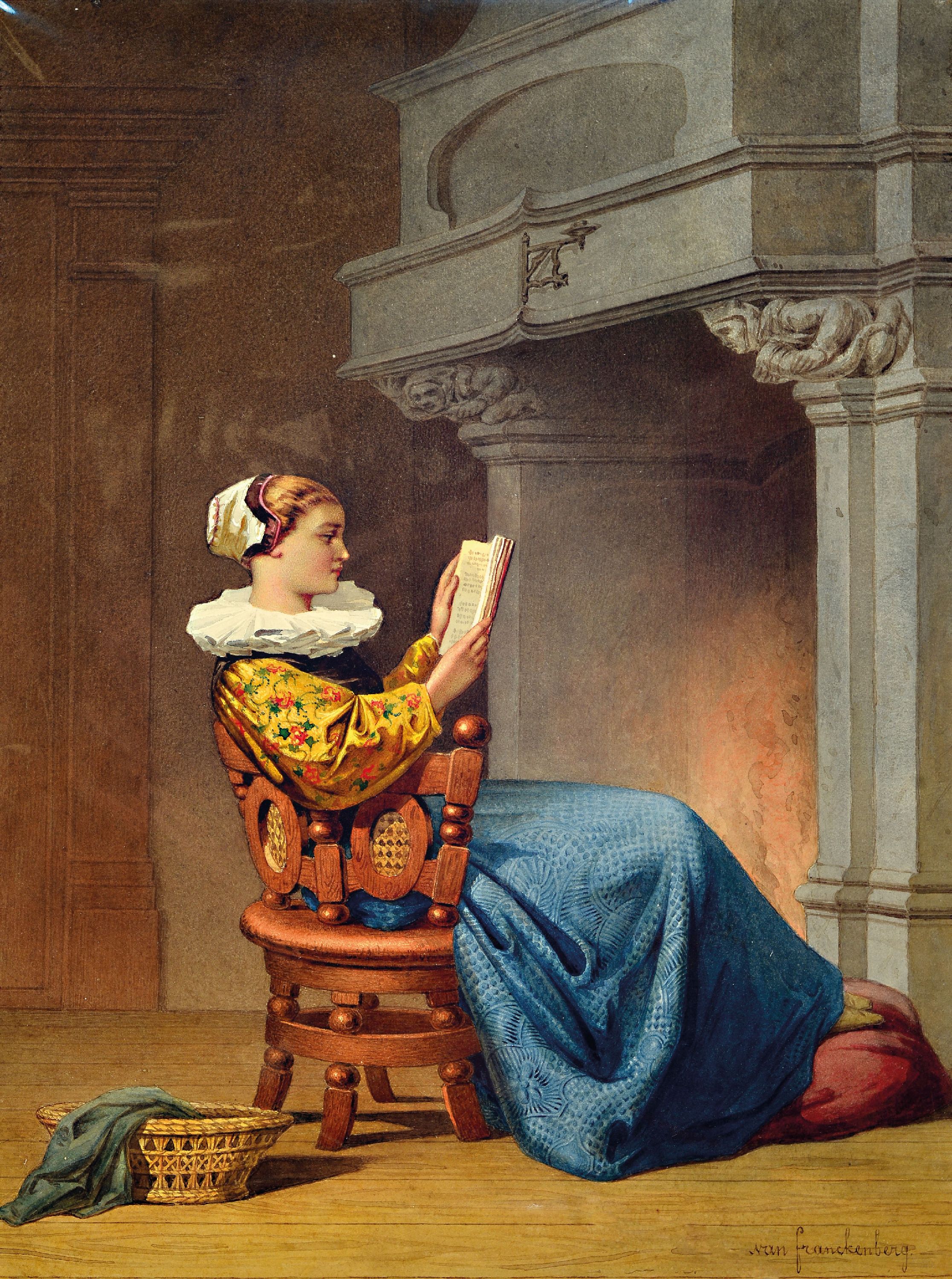 Image 27148297 - Desiré Oscar van Franckenberg, 1822-1907, Junge Frau lesend vor dem Kamin, feines ...