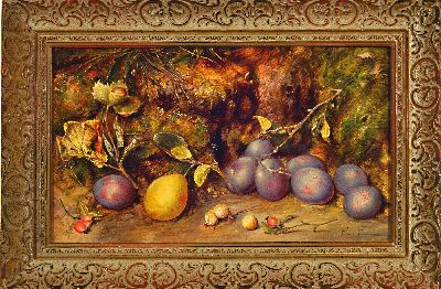 27148231k - Ernest Preyer, 1842 Manchester-1917 Düsseldorf, Waldstillleben mit Pflaumen, ...