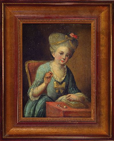 27148264k - Unbekannter Künstler, spätes 18. Jh., Frau bei der Handarbeit, Öl/Holz, unsig., ca. ...