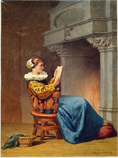 27148297k - Desiré Oscar van Franckenberg, 1822-1907, Junge Frau lesend vor dem Kamin, feines ...