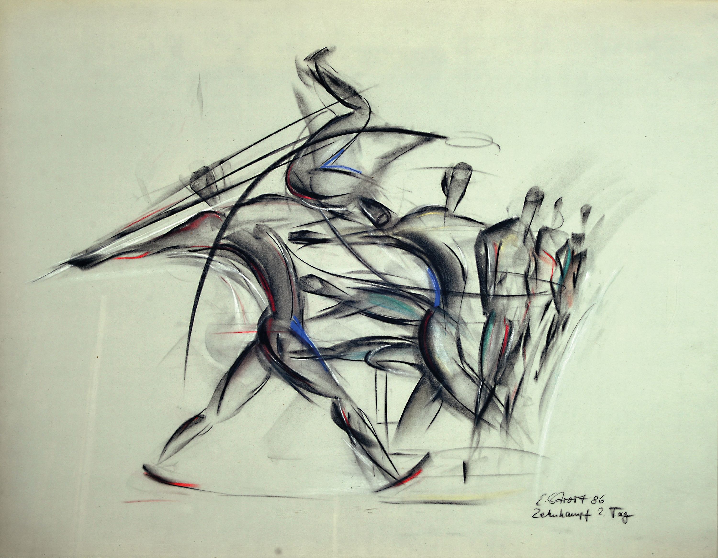 Image 27148679 - E. Stroth, datiert 1986, Pastell auf grauen Karton, ´Zehnkampf 2. Tag´, signiert und ...