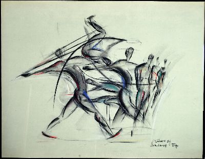 27148679k - E. Stroth, datiert 1986, Pastell auf grauen Karton, ´Zehnkampf 2. Tag´, signiert und ...