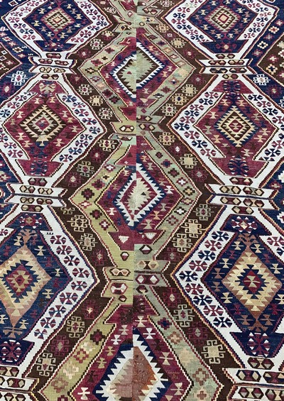 27149079g - Konya Kelim antik(2 Bahnig), Türkei, 19.Jhd, Wolle auf Wolle, ca. 390 x 190 cm, EHZ: 2 ...