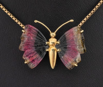 27149292a - 14 kt Gold Turmalin-Anhänger, GG 585/000, Schmetterling, Flügel aus ...