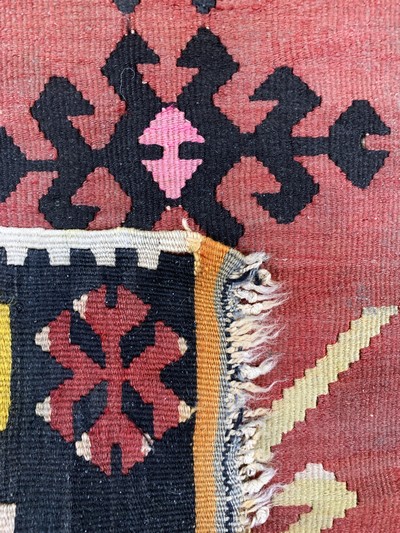 27149304b - 4 Yastik & Kilim, Turkey & Persia, early 20th century, wool on wool, approx. 110 x 65 cm, ...