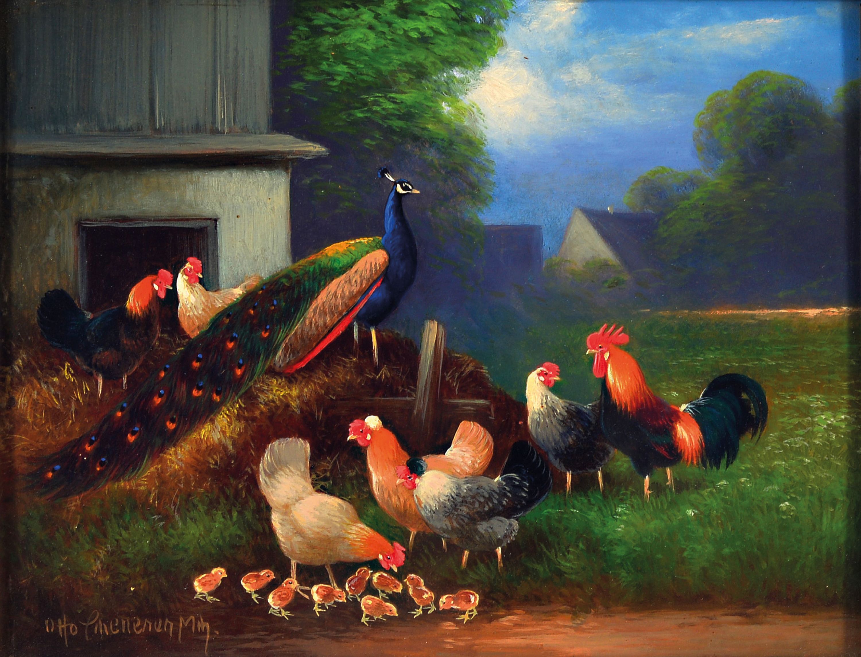 Image 27149510 - Otto Scheuerer, 1862-1934 München, Hahn, Hühner, Enten und Pfau auf dem Hof, Öl/ ...