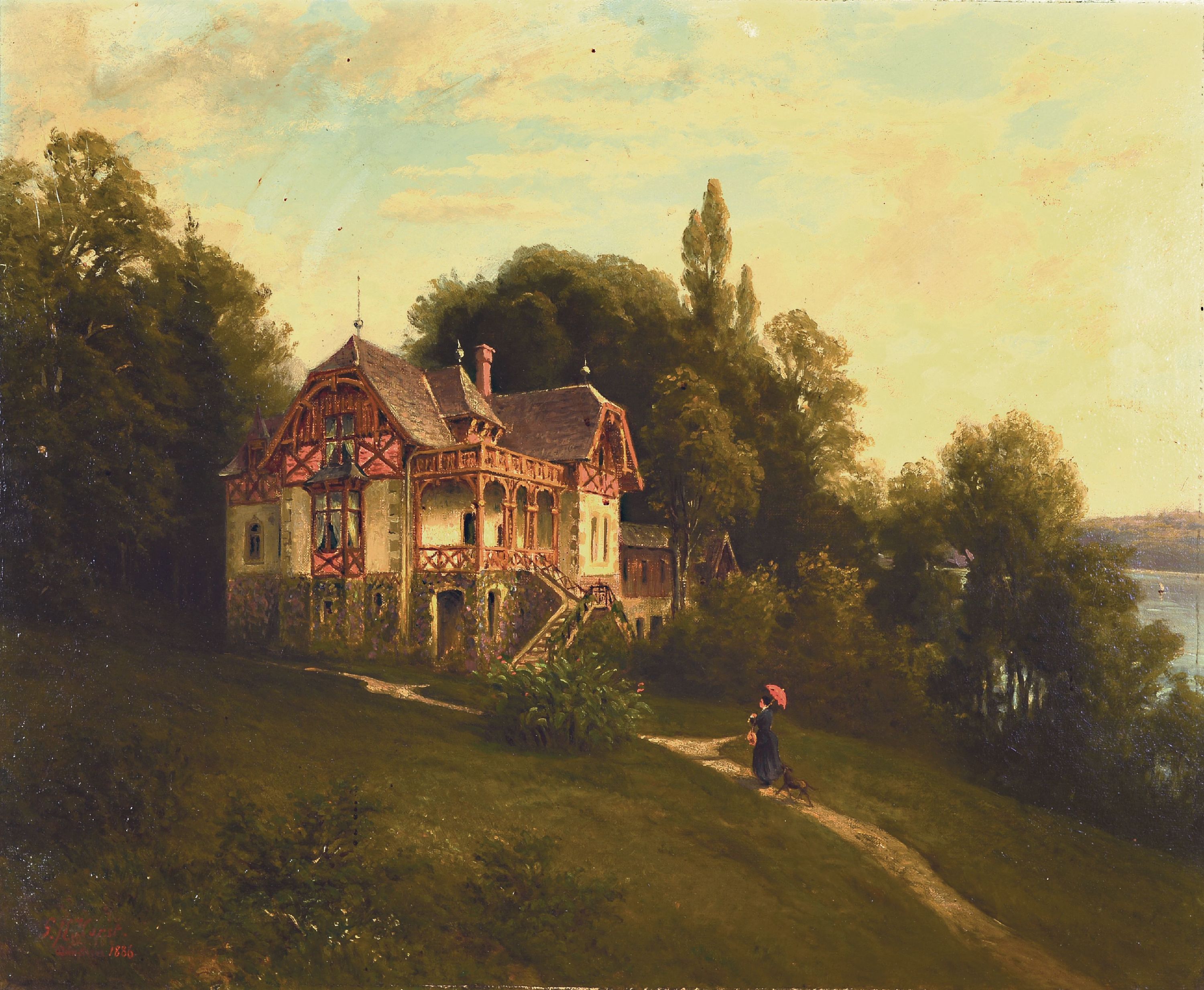 Image 27149545 - Gustav Adolf Horst, deutscher Maler des 19. Jh., Spaziergängerin vor einer Villa ...