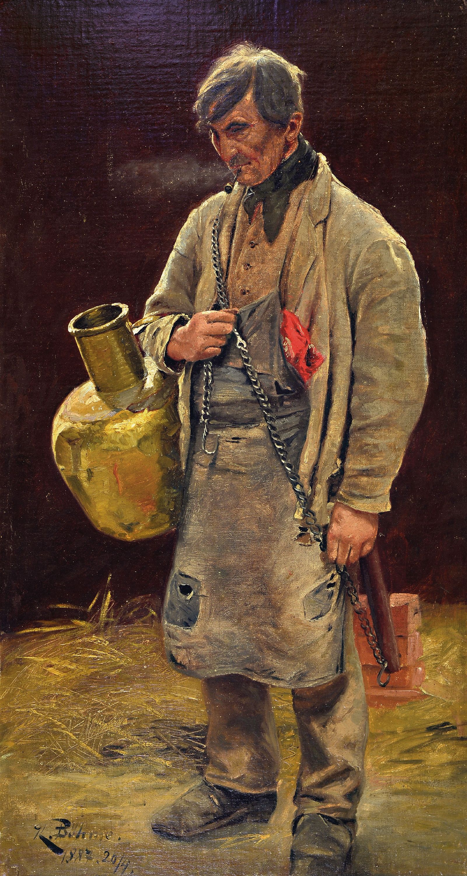 Image 27149546 - K. Böhme, datiert 1887, Ganzporträt eines Arbeiters mit großer Messingkanne, Öl/Lwd, ...