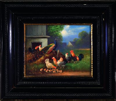 27149510k - Otto Scheuerer, 1862-1934 München, Hahn, Hühner, Enten und Pfau auf dem Hof, Öl/ ...