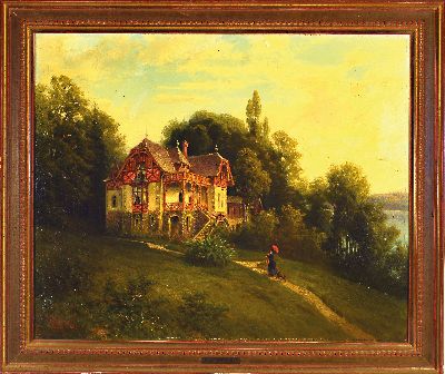 27149545k - Gustav Adolf Horst, deutscher Maler des 19. Jh., Spaziergängerin vor einer Villa ...