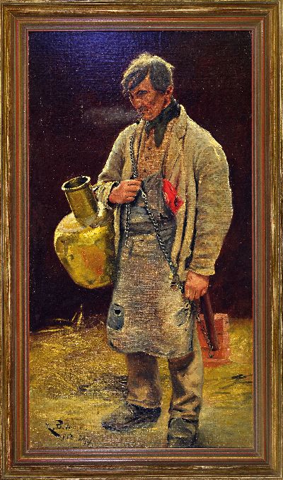 27149546k - K. Böhme, datiert 1887, Ganzporträt eines Arbeiters mit großer Messingkanne, Öl/Lwd, ...