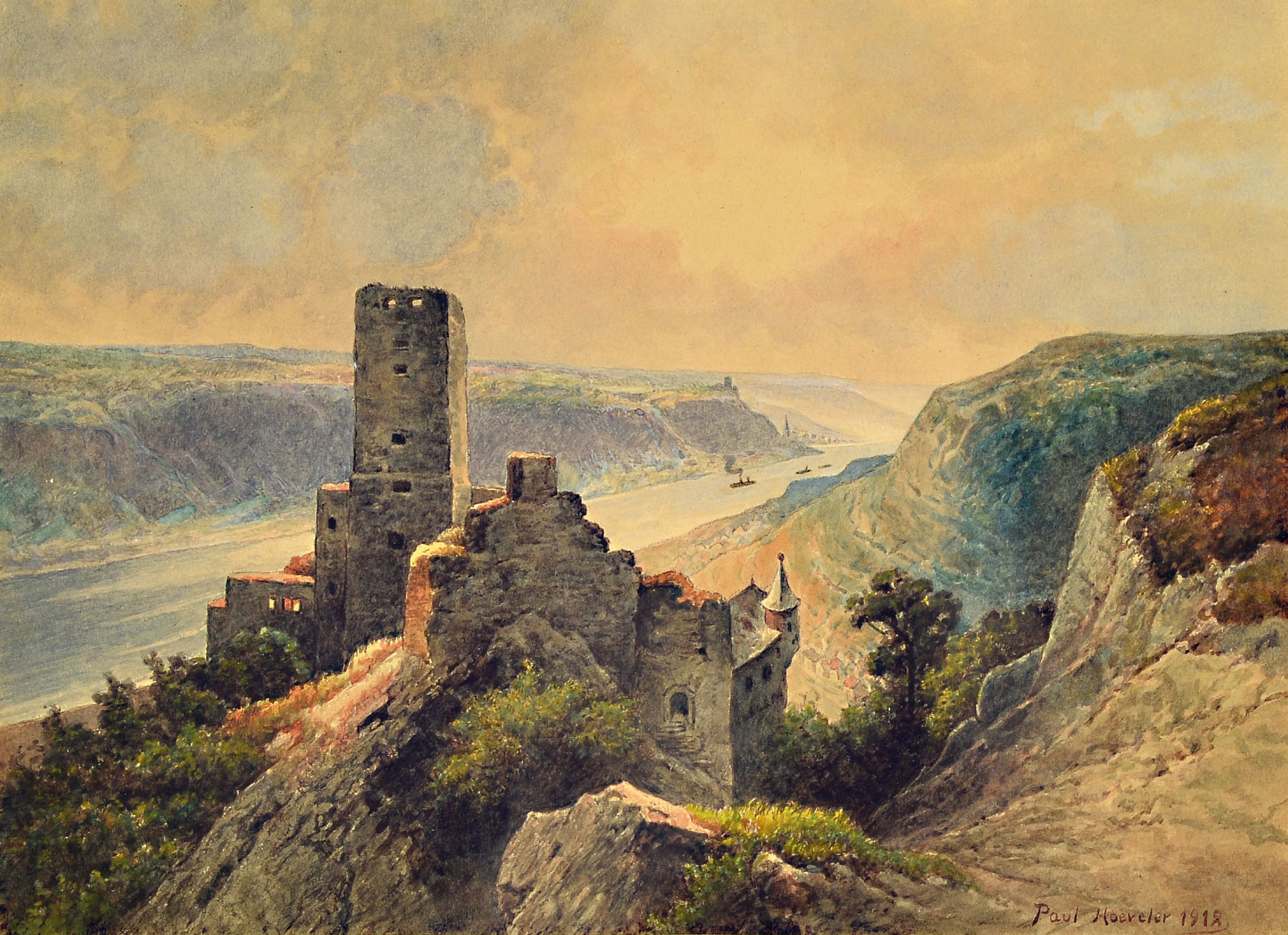 Image 27149696 - Paul Hoeveler, Künstler um 1900, Rheinlandschaft mit der Burgruine Gutenfels, Aquarell, ...
