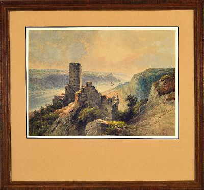 27149696k - Paul Hoeveler, Künstler um 1900, Rheinlandschaft mit der Burgruine Gutenfels, Aquarell, ...