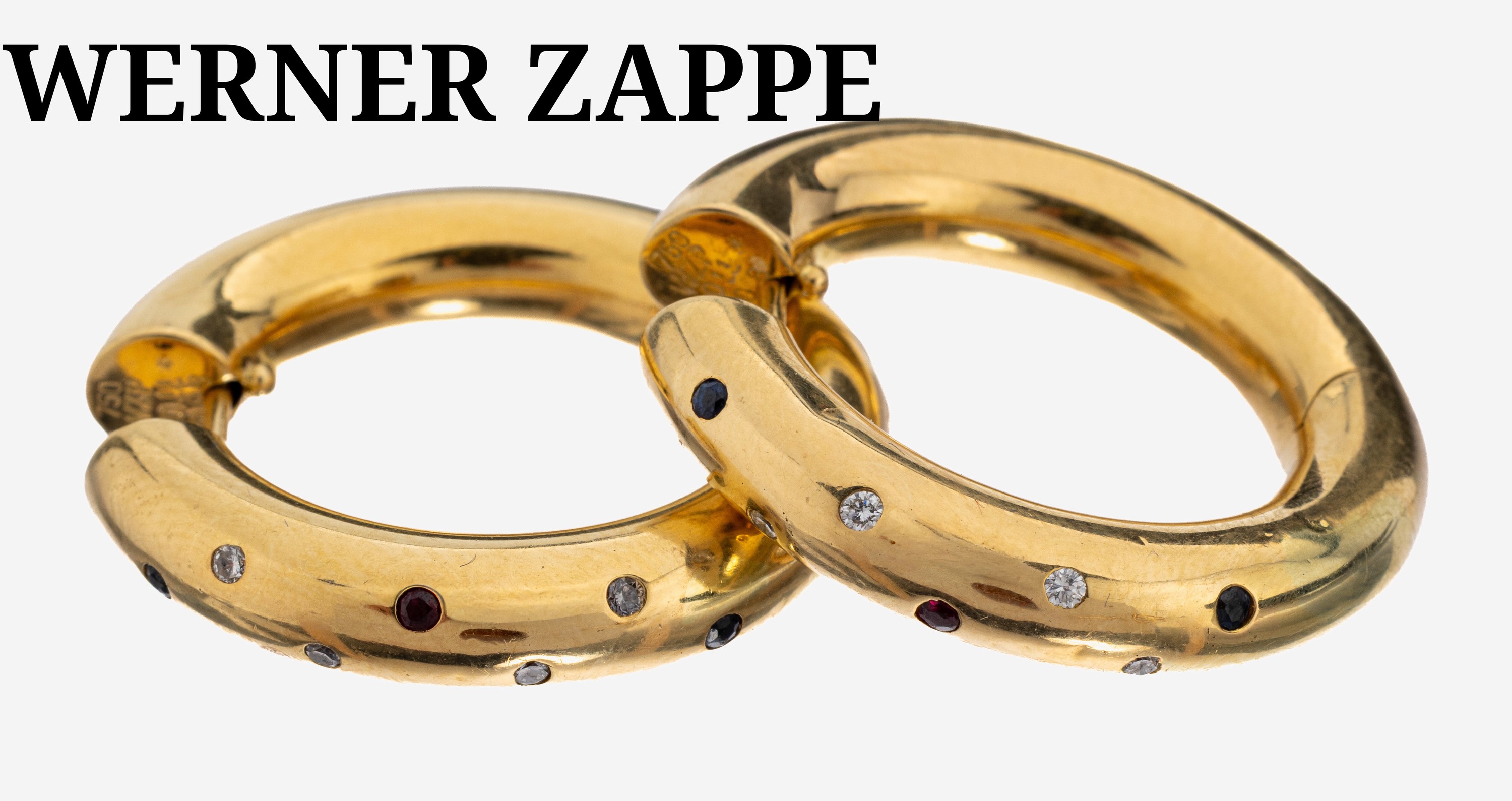 Image 27149721 - Paar 18 kt Gold WERNER ZAPPE Brillant-Saphir- Rubin-Ohrcreolen, GG 750/000, schlicht, 8 ...