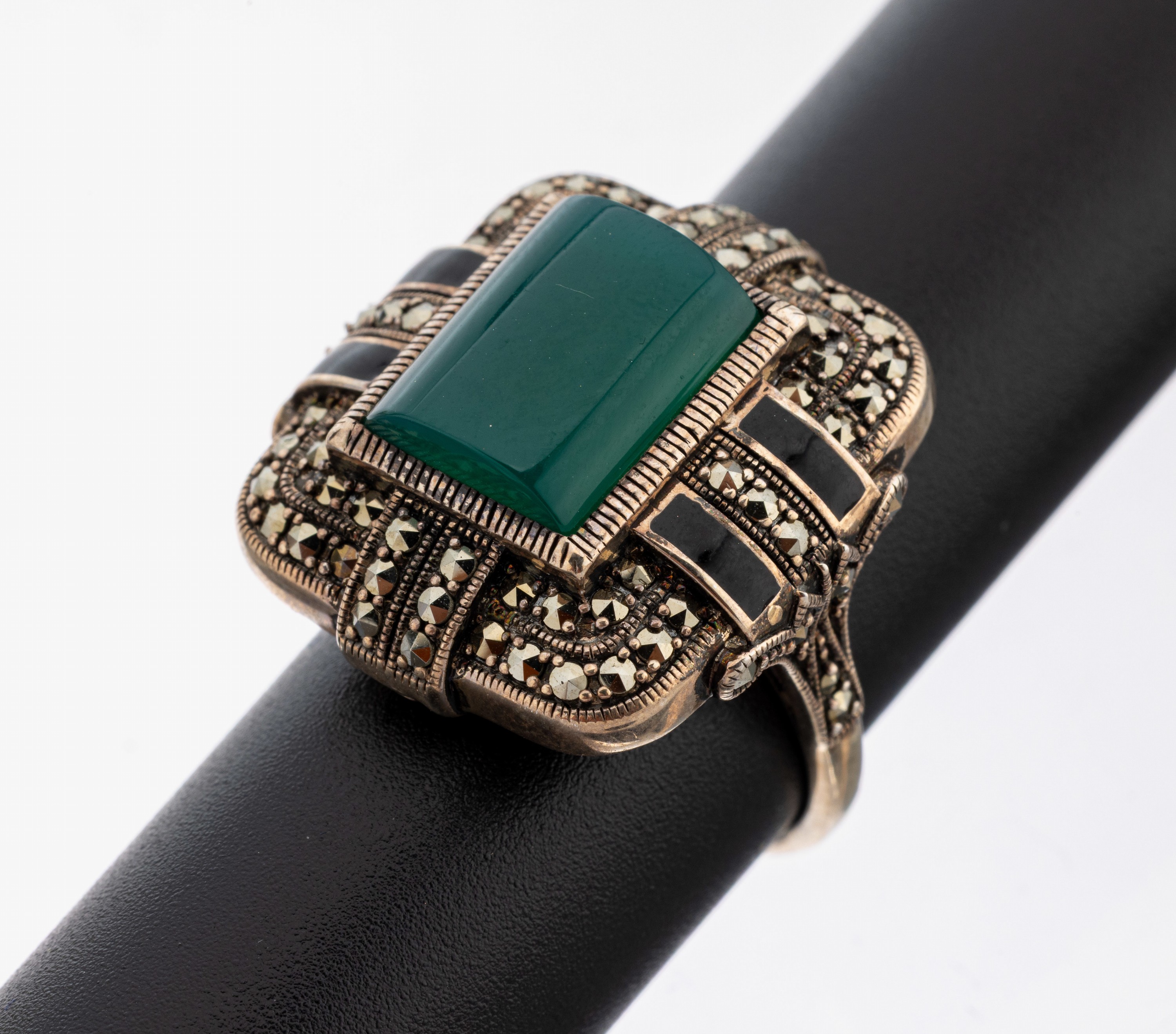 Image 27149744 - Art Deco Achat-Markasit-Ring, 1930er Jahre, 925er Silber, geometrisches Design, mittig ...