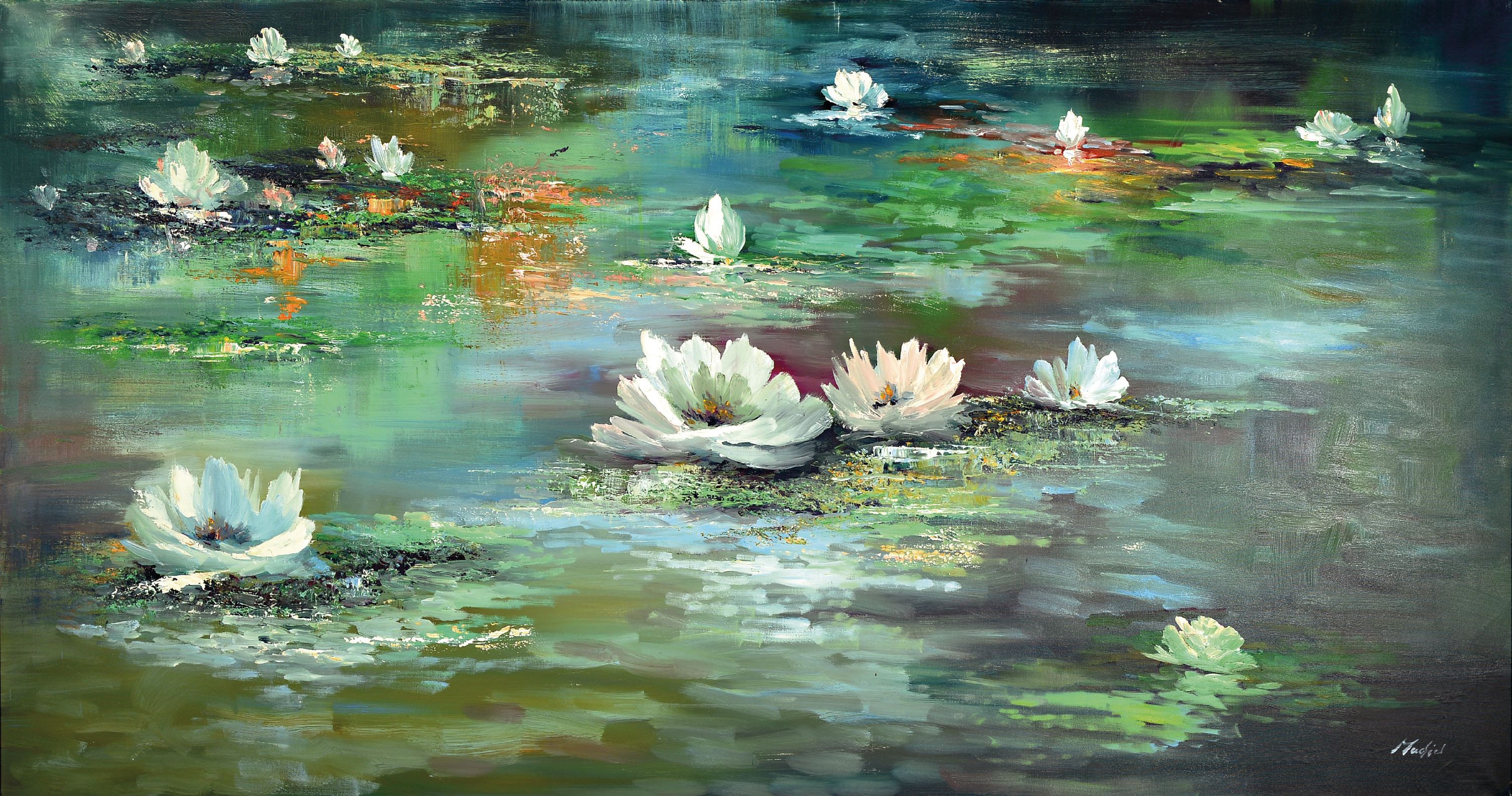 Image 27149753 - Rahnavard Madjid, born 1943 Tehran, large water lily panorama, signed lower right, ...