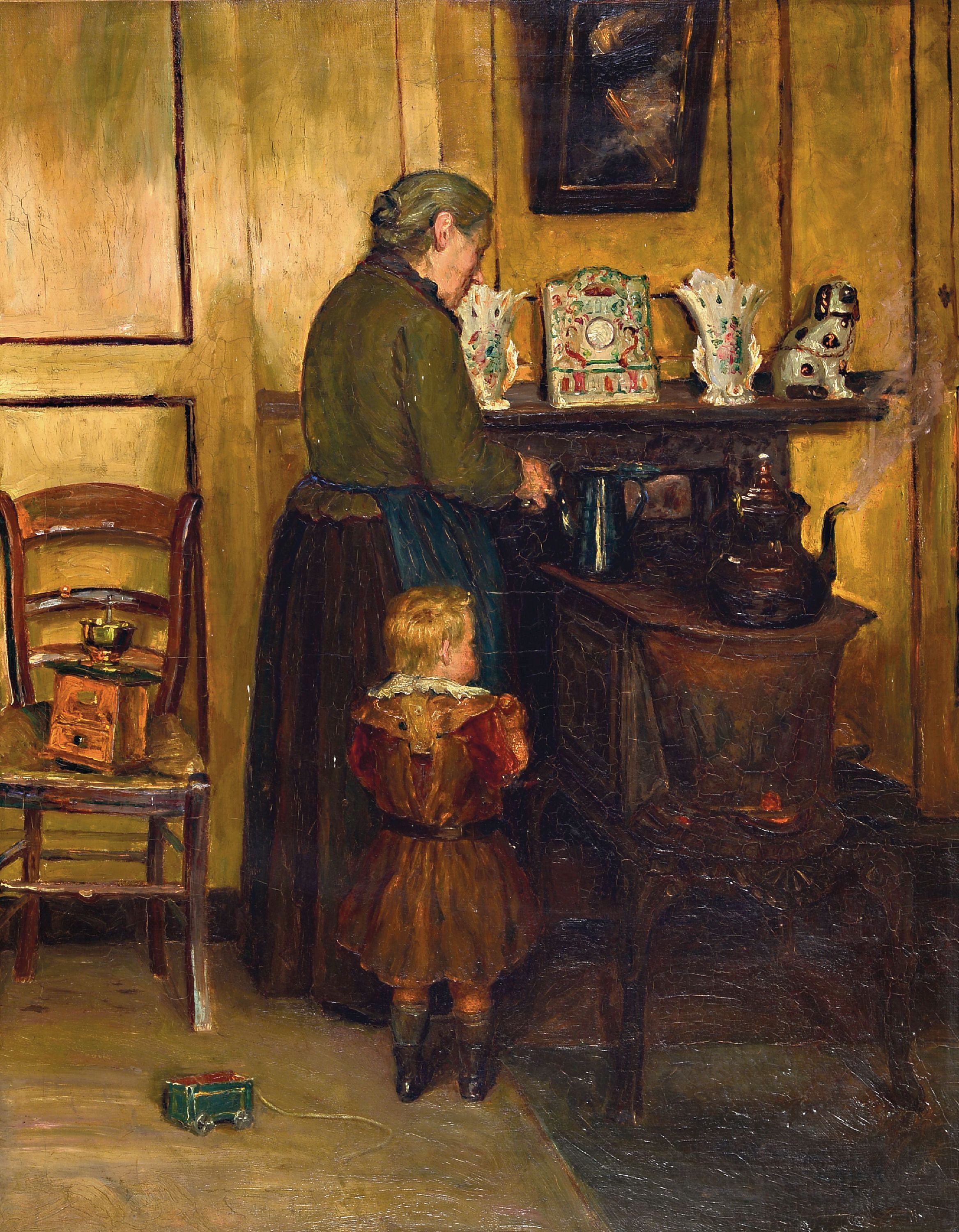 Image 27149755 - Leopold Haeck, 1868 Antwerpen-1928 Wijnegem, Interieur mit älterer Frau am Herd nebst ...