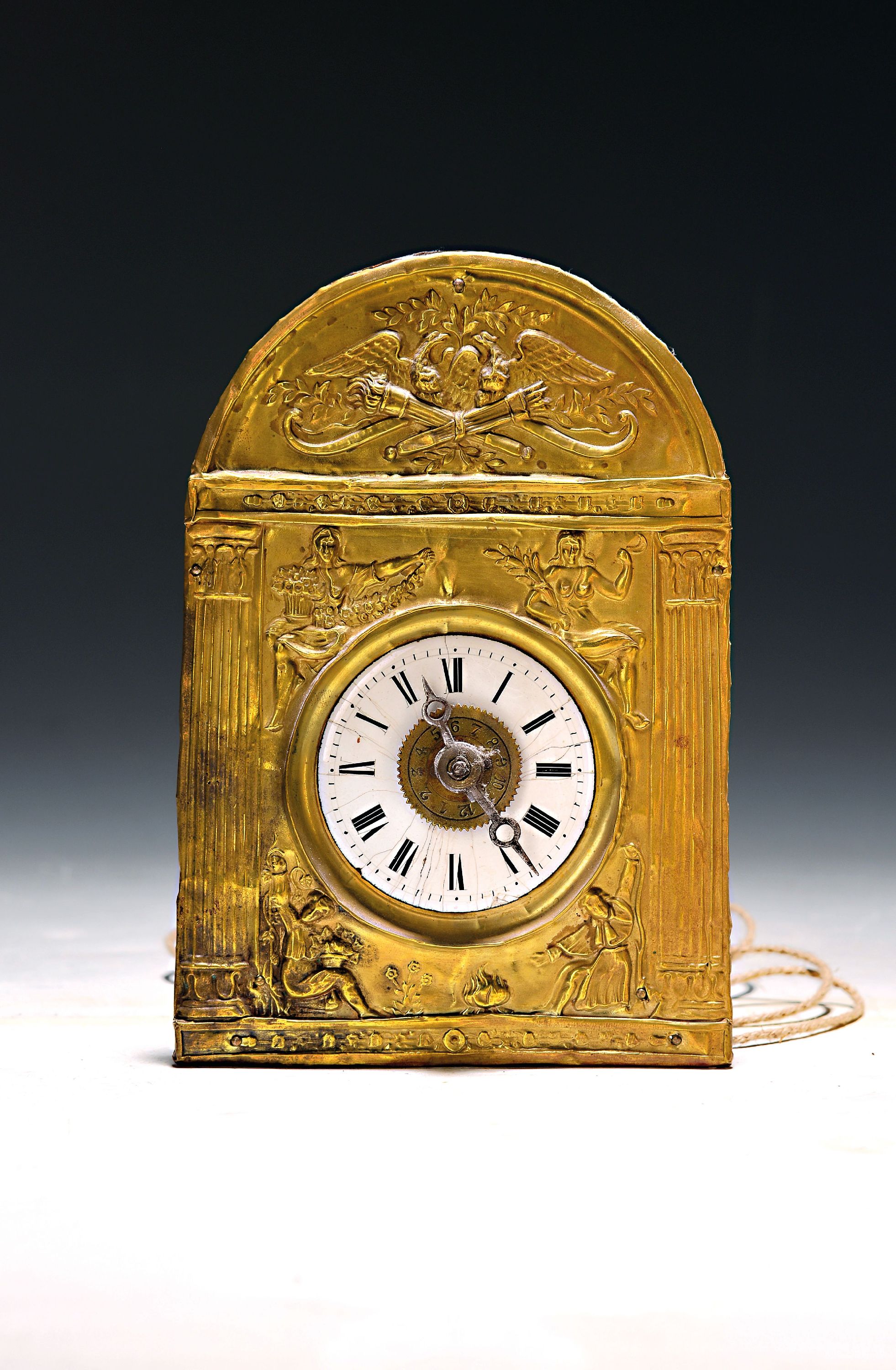 Image 27149756 - Small Black Forest clock with brass plate and alarm clock, around 1860/70, embossed brass ...