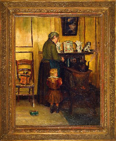 27149755k - Leopold Haeck, 1868 Antwerpen-1928 Wijnegem, Interieur mit älterer Frau am Herd nebst ...