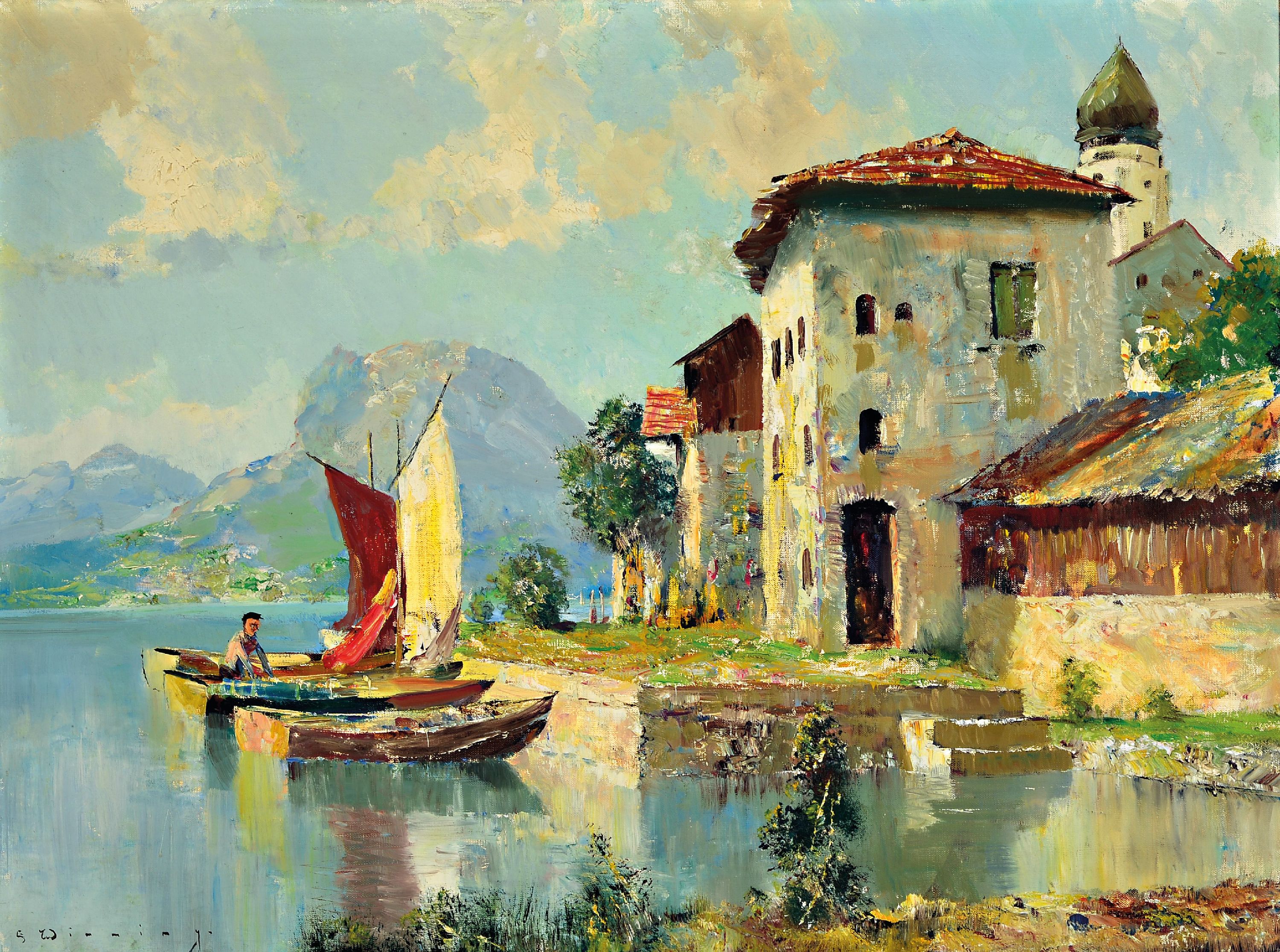 Image 27149823 - E. Winning, deutscher Maler des 20. Jh., Landschaft am Gardasee, Öl/Lwd, links unten ...