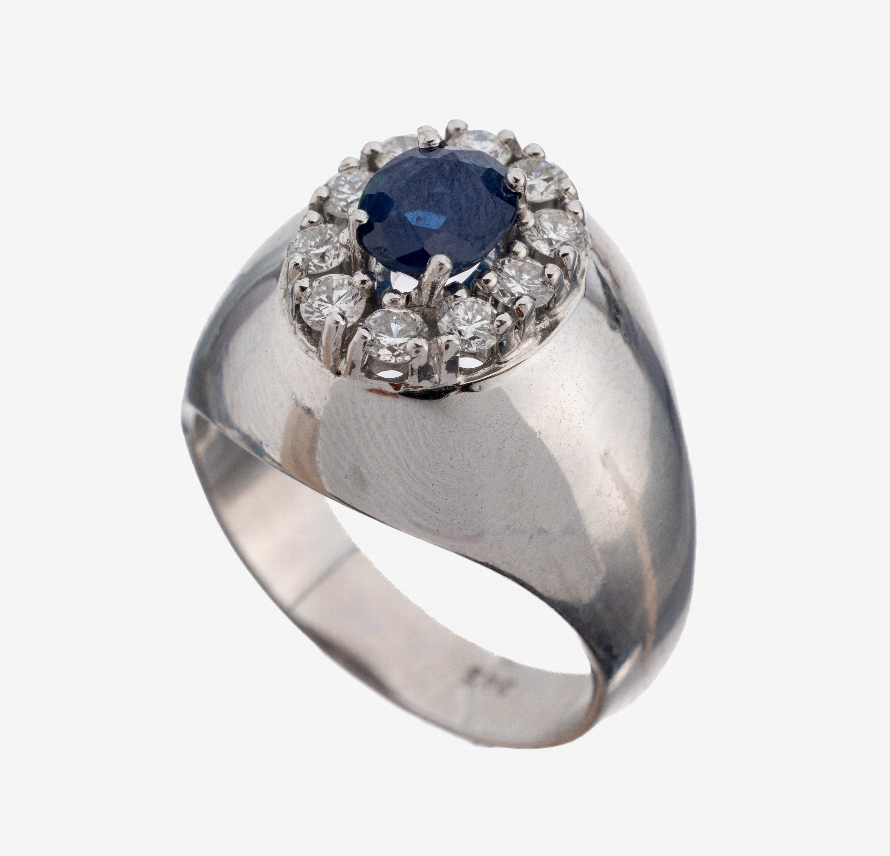 Image 27149868 - 14 kt Gold Saphir-Brillant-Ring, WG 585/000, mittig erhaben gefasster ovalfacett. ...