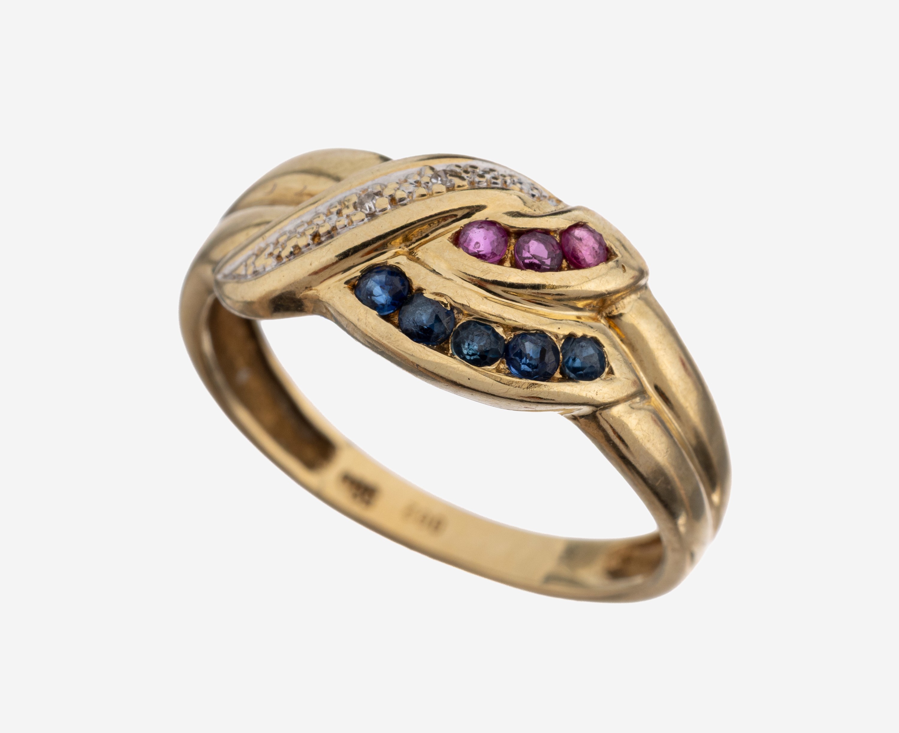Image 27149876 - 14 kt Gold Saphir-Rubin-Diamant-Ring, GG 585/000, geschwungenes Design, 5 rundfacett. ...