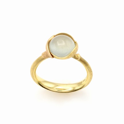 27149843a - Ole Lynggaard Ring Lotus I, GG/RG 750/000, 2 Blütenblätter in RG, Aquamarincabochon, ...