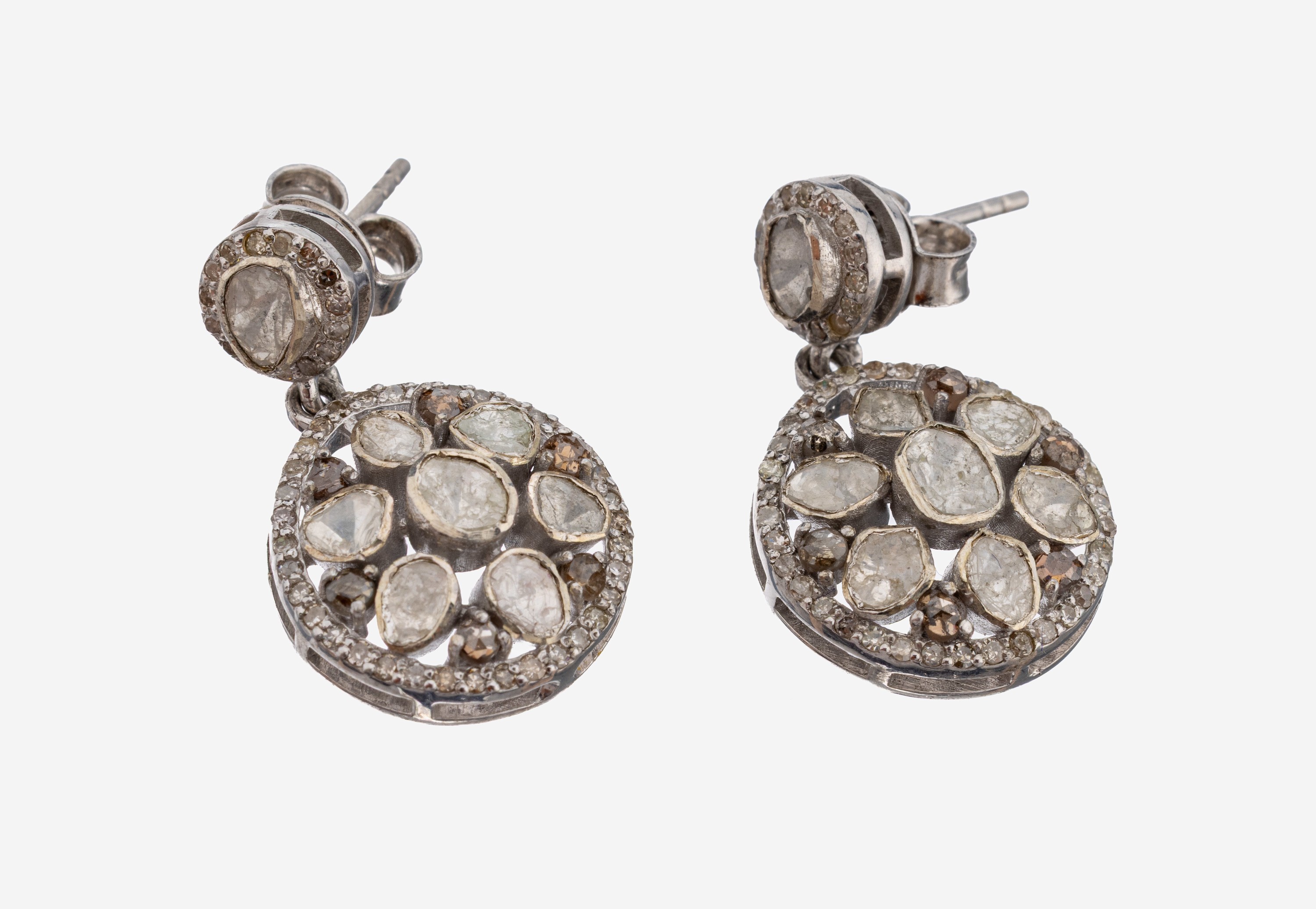 Image 27149938 - Paar Diamant-Ohrstecker, 925er Silber, runde bewegl. Abhängung, 28 Diamantrosen und ...
