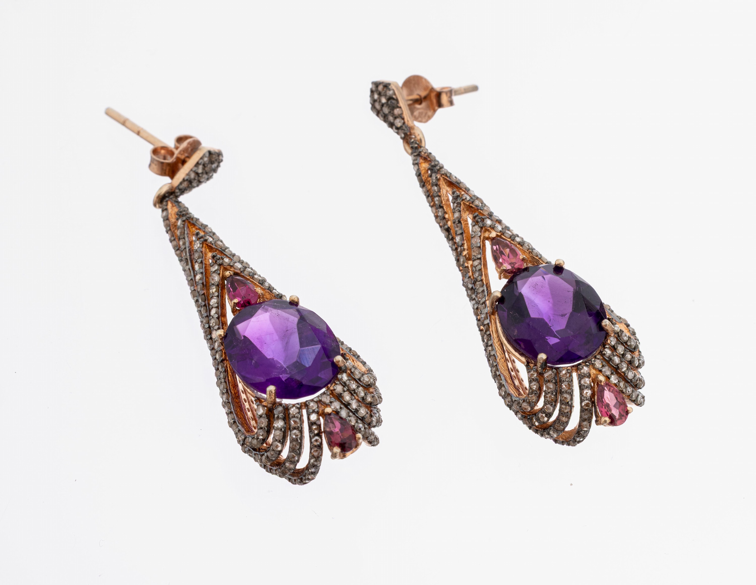 Image 27150046 - Paar Amethyst-Turmalin-Diamant-Ohrstecker, Silber geschw. und verg., ungewöhnliches ...