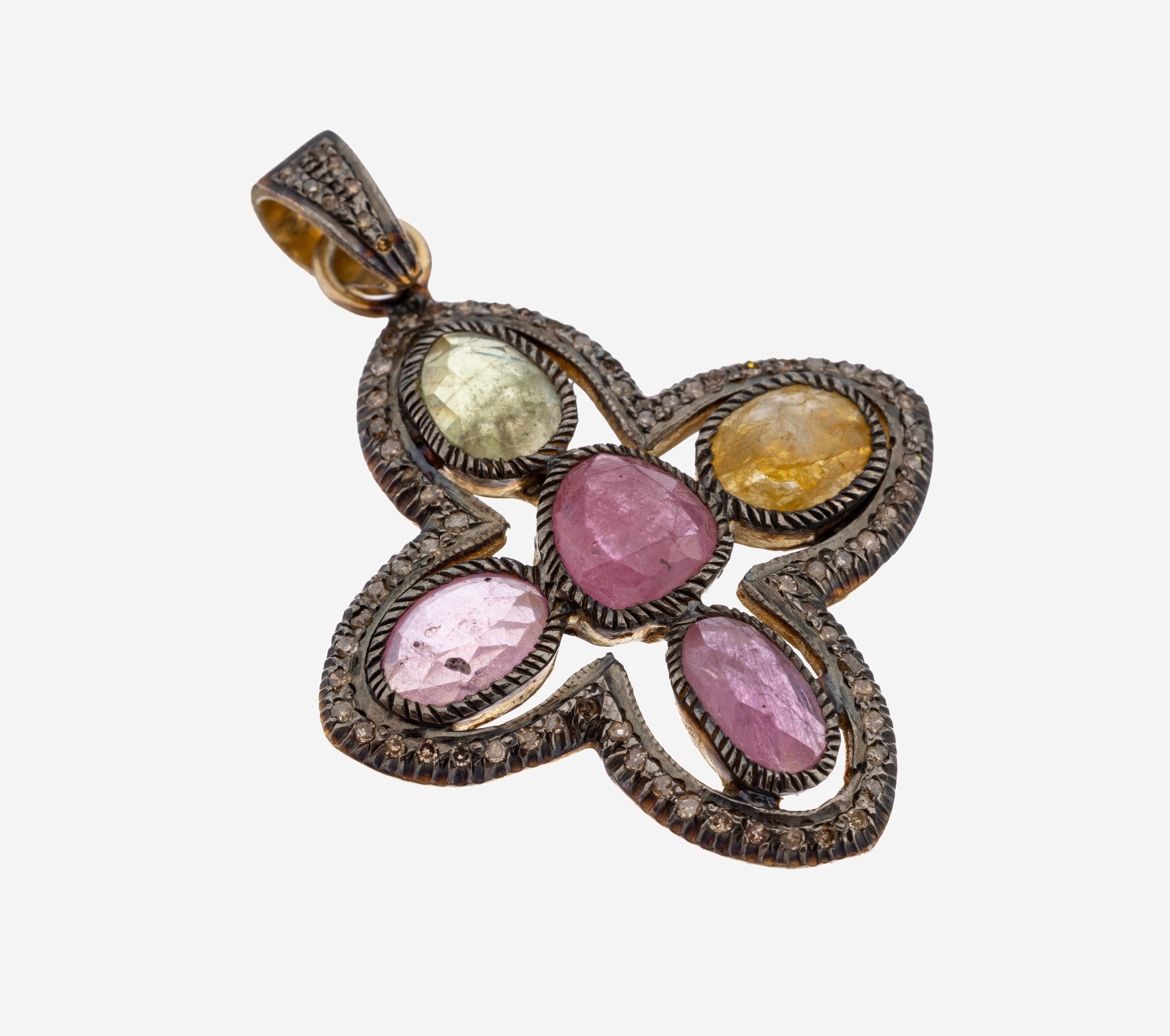 Image 27150069 - Farbstein-Diamant-Anhänger, Silber verg. und geschw., durchbrochen, stil. Kreuz, 5 ...